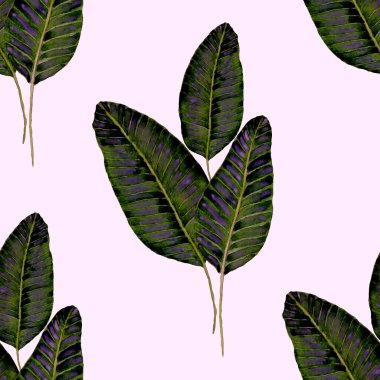 Tekstil tasarımı için suluboya tropikal yaprakları ve çiçekleri olan modern, soyut, dikişsiz desen. Geçmişe dönük parlak yaz geçmişi. Orman yaprakları çizimi. Mayo botanik tasarımı. Antika egzotik baskı.