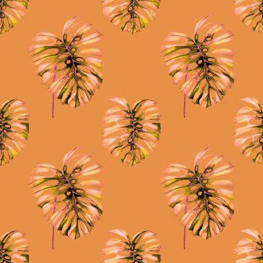 Tekstil tasarımı için suluboya tropikal yaprakları ve çiçekleri olan modern, soyut, dikişsiz desen. Geçmişe dönük parlak yaz geçmişi. Orman yaprakları çizimi. Mayo botanik tasarımı. Antika egzotik baskı.