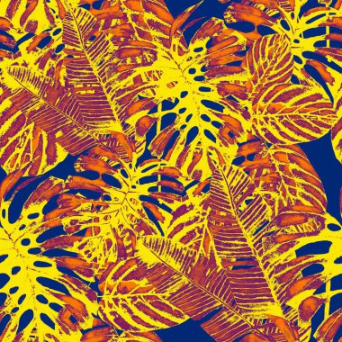 Tekstil tasarımı için suluboya tropikal yaprakları ve çiçekleri olan modern, soyut, dikişsiz desen. Geçmişe dönük parlak yaz geçmişi. Orman yaprakları çizimi. Mayo botanik tasarımı. Antika egzotik baskı.