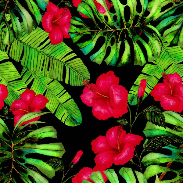 Modern Abstrakt Sömlös Mönster Med Akvarell Tropiska Blad Och Blommor — Stockfoto