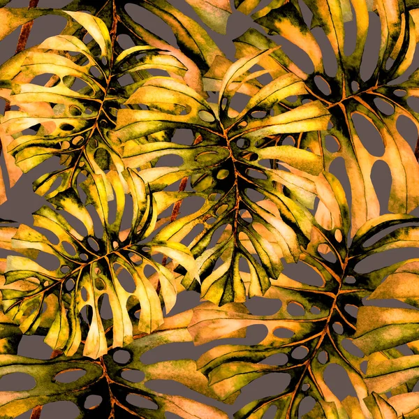 Modern Abstrakt Sömlös Mönster Med Akvarell Tropiska Blad Och Blommor — Stockfoto