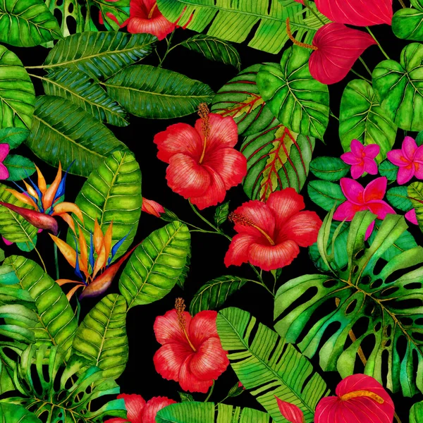 Moderno Modello Astratto Senza Cuciture Con Foglie Tropicali Acquerello Fiori — Foto Stock