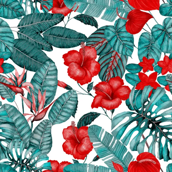 Современный Абстрактный Бесшовный Рисунок Акварелью Тропических Листьев Цветов Текстильного Дизайна — стоковое фото