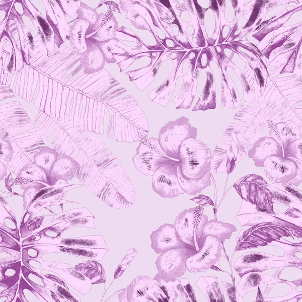 Modern Abstract Seamless Pattern Watercolor Tropical Leaves Flowers Textile Design — Stock Photo, Image