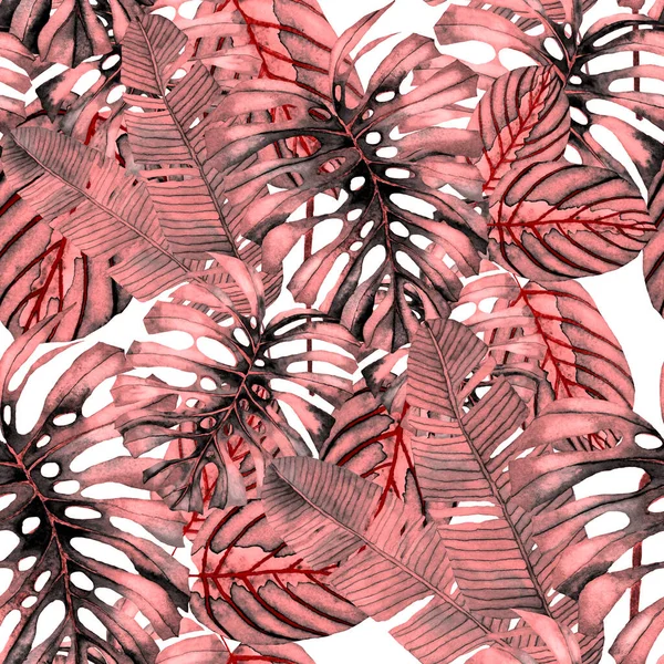 Modern Absztrakt Zökkenőmentes Minta Akvarell Trópusi Levelekkel Virágokkal Textiltervezéshez Retro — Stock Fotó