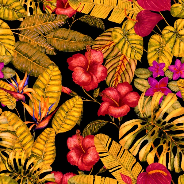 Tekstil Tasarımı Için Suluboya Tropikal Yaprakları Çiçekleri Olan Modern Soyut — Stok fotoğraf