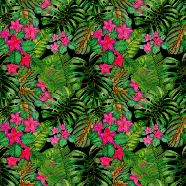 Modern Abstract Seamless Pattern Watercolor Tropical Leaves Flowers Textile Design — Stock Photo, Image