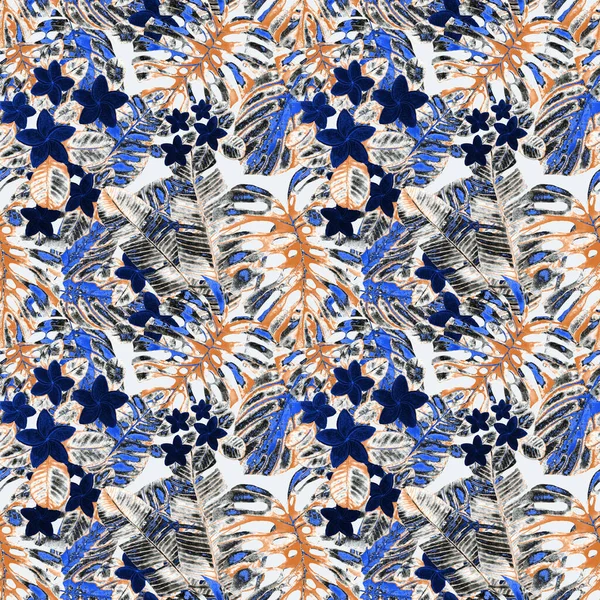 Tekstil tasarımı için suluboya tropikal yaprakları ve çiçekleri olan modern, soyut, dikişsiz desen. Geçmişe dönük parlak yaz geçmişi. Orman yaprakları çizimi. Mayo botanik tasarımı. Antika egzotik baskı.