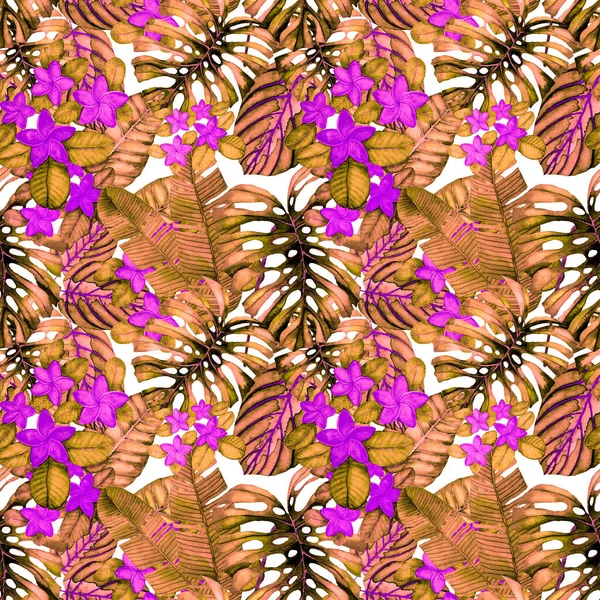 Nowoczesny Abstrakcyjny Wzór Akwarelą Tropikalnych Liści Kwiatów Projektowania Tekstyliów Retro — Zdjęcie stockowe