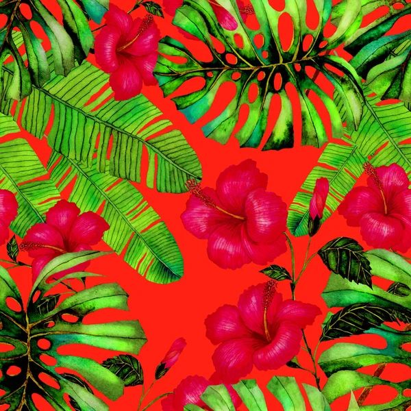 Moderno Modello Astratto Senza Cuciture Con Foglie Tropicali Acquerello Fiori — Foto Stock