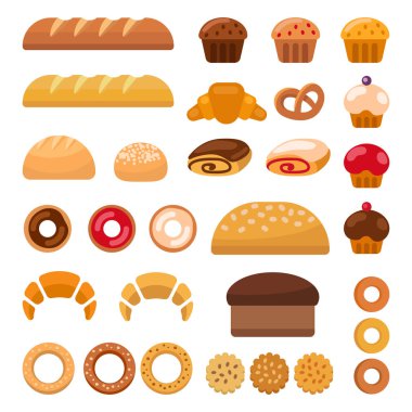 Kekler, somun, ekmek, simit, kruvasan ve çörek vektörel clipart illüstrasyon beyaz gösteren renkli fırın simgeler kümesi