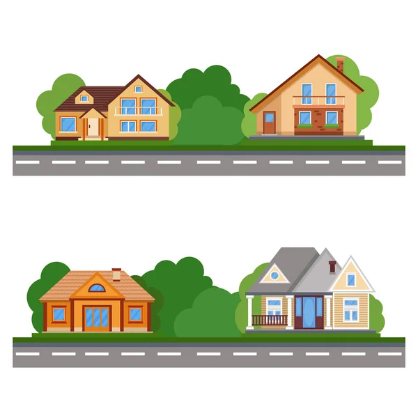 Güzel evler sokak. Renkli daire konut ev ayarlayın. Özel konut mimarisi. Aile ev. Geleneksel ve modern ev. — Stok Vektör