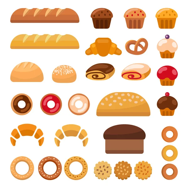 Набір барвистих хлібобулочних ікон, що зображують кекси, хліби, хліб, багель, круасани та пончики Векторні кліпарти ілюстрації на білому — стоковий вектор