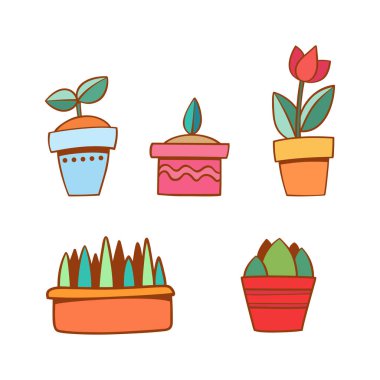 Çizgi film çiçeklerle tencerelerde ayarla vektör.