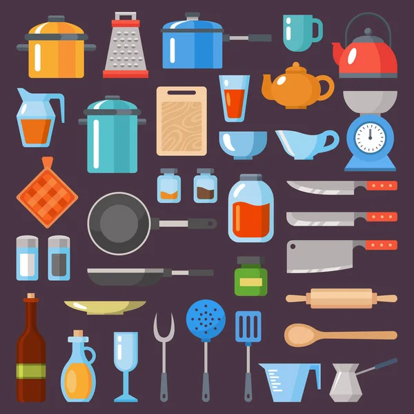 Set di utensili da cucina. Utensili da cucina, pentole, utensili da cucina collezione. Moderno set di icone piatte, elementi grafici, oggetti per il sito web, banner web, infografica. Concetto design piatto. — Vettoriale Stock