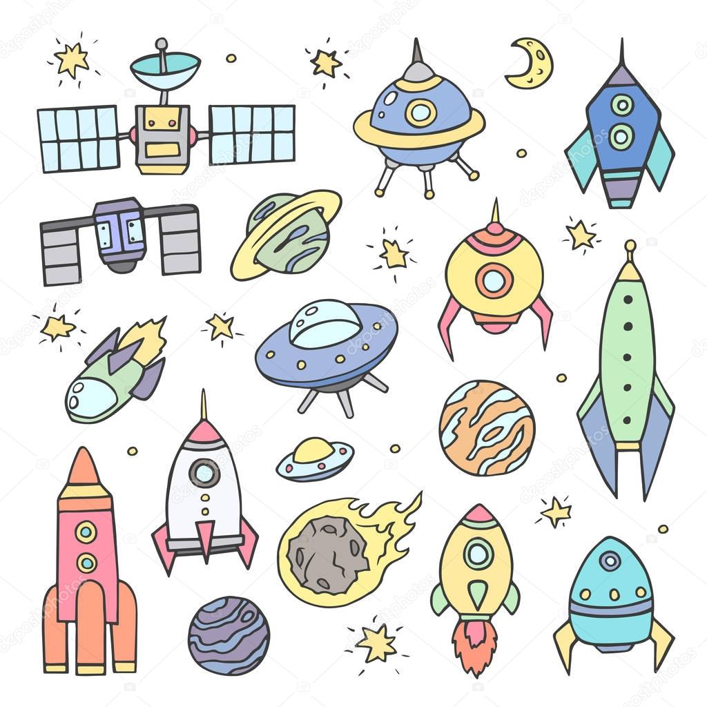 Collection of sketchy space objects, colored graphics on white background. Hand drawing. The planets , spaceships , stars and comets , rockets, space shuttle, flying saucers.