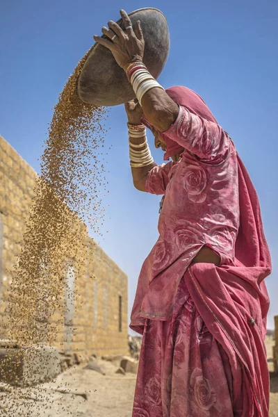 Jaisalmer India April 2017 Traditional Gypsy Woman Preparing Grains Rice Stock Photo