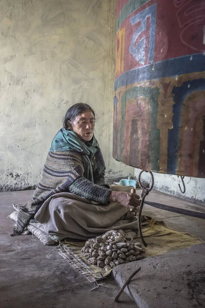 Долина Спіті Індіана Червня 2017 Року Тибетська Жінка Молиться Храмі — стокове фото