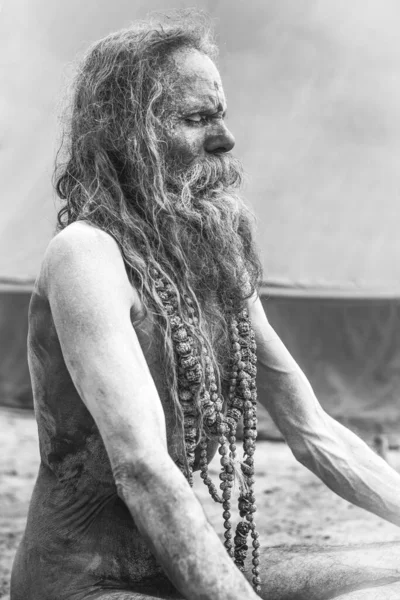 Allahabad India February 2019 Sadhu Meditating Kumbh Mela Festival Allahabad — Stock Photo, Image