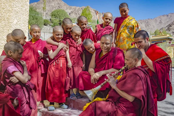 Leh Ladakh India June 2017 Novice Buddhist Monks Watching Older Stock Image