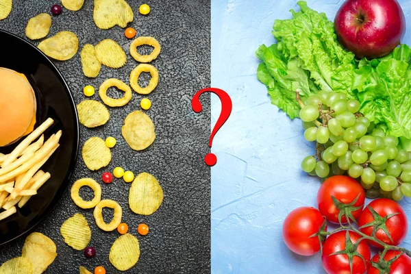 Έννοια της υγιεινής διατροφής. Φρούτα και λαχανικά vs ανθυγιεινά παγίων — Φωτογραφία Αρχείου