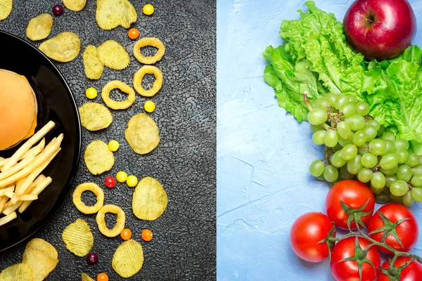 Concepto de nutrición saludable. Frutas y hortalizas vs fa poco saludable — Foto de Stock