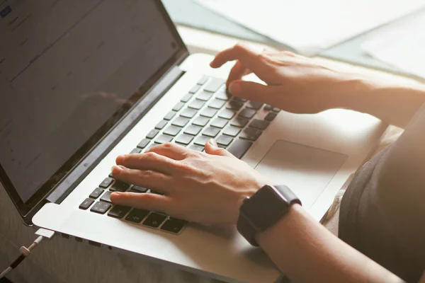 Young Woman Typing Laptop Keyboard Close Details Girl Hands Working — Stock Photo, Image