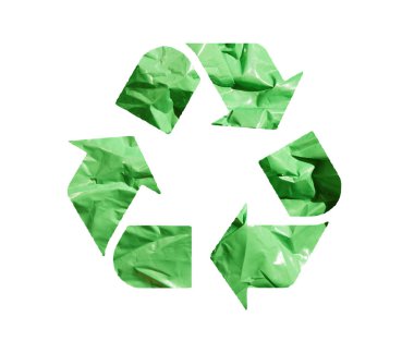 Çöp geri dönüşüm amblemi. Yeşil plastik torba dokusu. Beyazda izolasyon. Saçmalamayı kes. Malzemeleri yeniden kullan. 