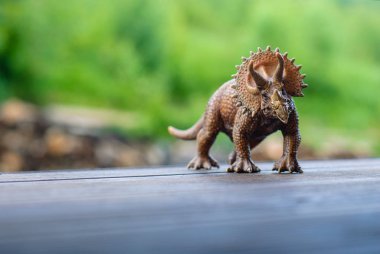 Oyuncak dinozor triceratops ahşap zemin üzerinde