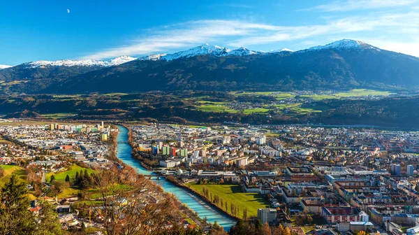 Innsbruck, Austria: wide angle aerial panorama of the most popular Austrian city and capital of western state of Tyrol — Stock Photo, Image