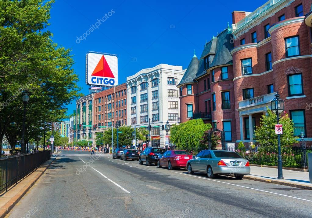 Boston, Massachusetts - June of 2016, USA: Boston Marathon, view of Kenmore Square and big Citgo logo on rooftop of building