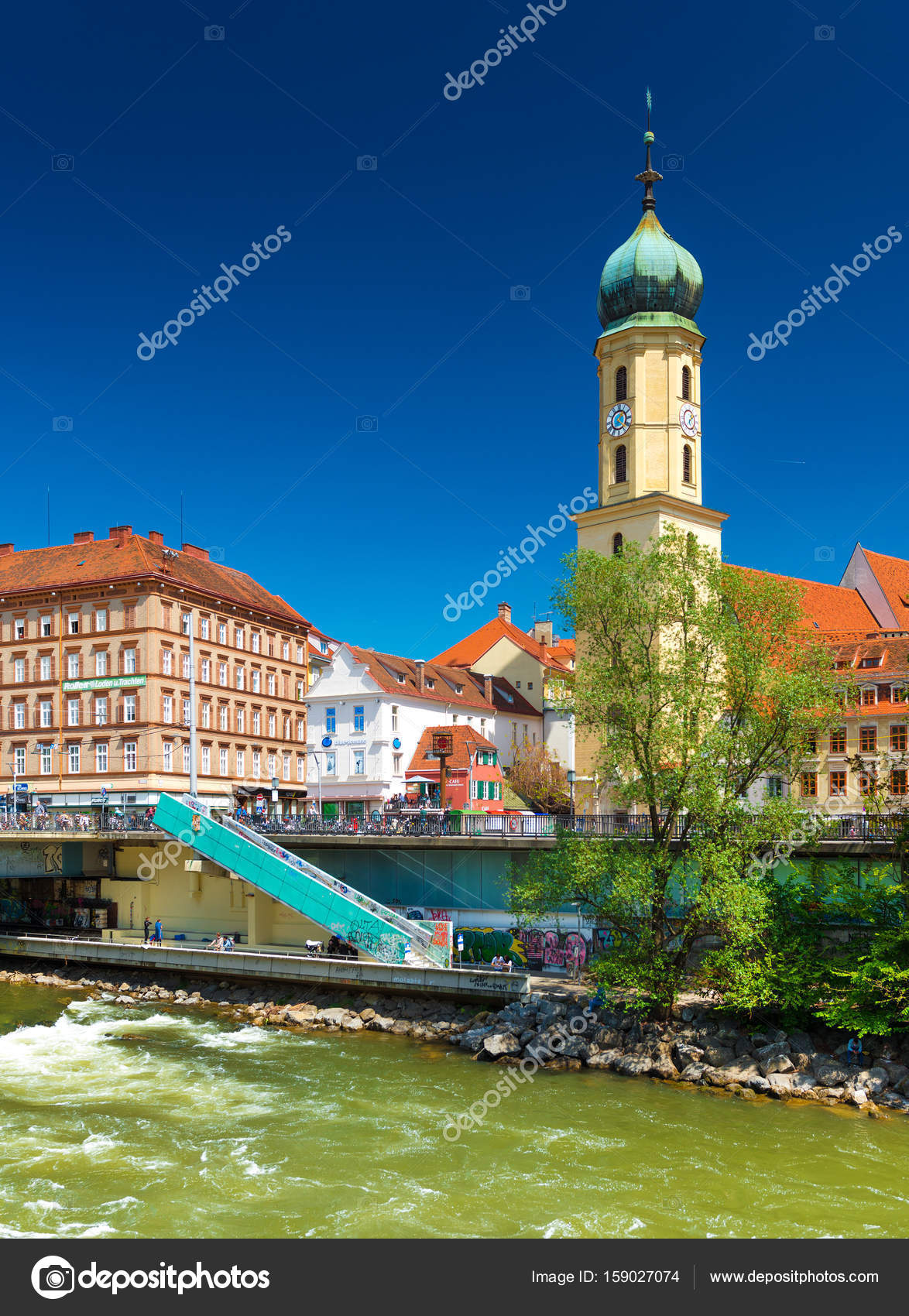 Graz, Austria: View of the old city center. Franciscan Church, old ...