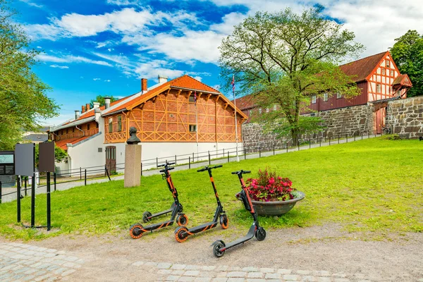 Norveç 'in Oslo kentindeki tarihi binaların önündeki çimlerin üzerinde üç elektrikli scooter duruyor.