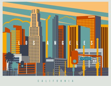 Los Angeles şehir merkezinde. La 'nın eski tarz renkleri ve stilize edilmiş şehir manzarası, klasik tasarım illüstrasyonu. Kaliforniya, Usa