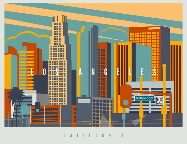 Baixa Los Angeles Vetor Cityscape Cores Estilo Retro Estilização Ilustração —  Vetores de Stock