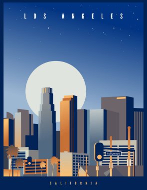Los Angeles gökdeleninde büyük bir dolunay ve yıldızlı bir gökyüzü var. Retro stil vektör illüstrasyonu. Kaliforniya, ABD