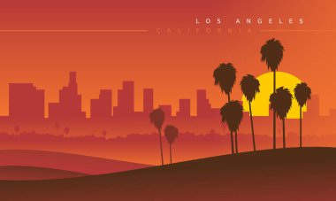 Gün batımında Los Angeles ufuk çizgisi, uzaktan görülüyor. Vektör çizimi. Tarzlı şehir manzarası. Kaliforniya, ABD