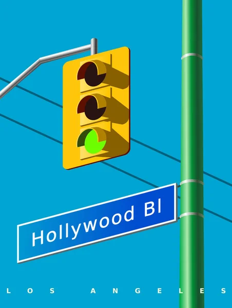 好莱坞大街上绿色柱子上的标志 一个经典的黄色交通信号灯与绿色信号灯 现实的矢量说明 Usa — 图库矢量图片