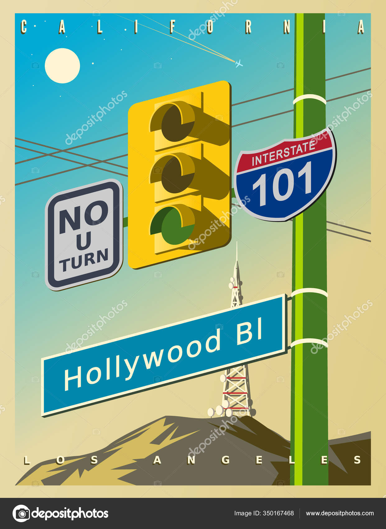 带有黄色交通灯好莱坞标志和路标的复古海报Turn 101 Interstate 矢量插画在复古风格美国加利福尼亚图库矢量图©travellaggio  350167468