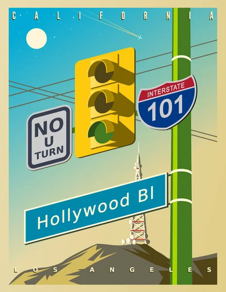 Zabytkowy Plakat Żółtym Światłem Znakiem Hollywood Drogowskazami Turn 101 Interstate — Wektor stockowy