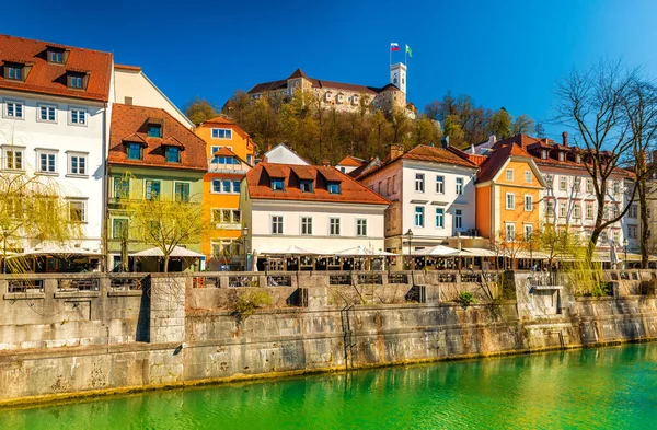 Cityscape Ljubljana Sunny Day Colorful Historical Buildings Ljubljanica River Slovenia — Stock Photo, Image