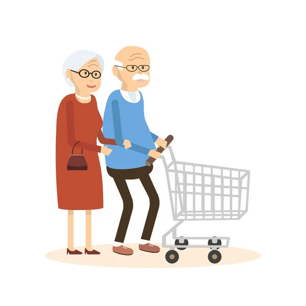 Homem velho e mulher com carrinho de compras — Vetor de Stock