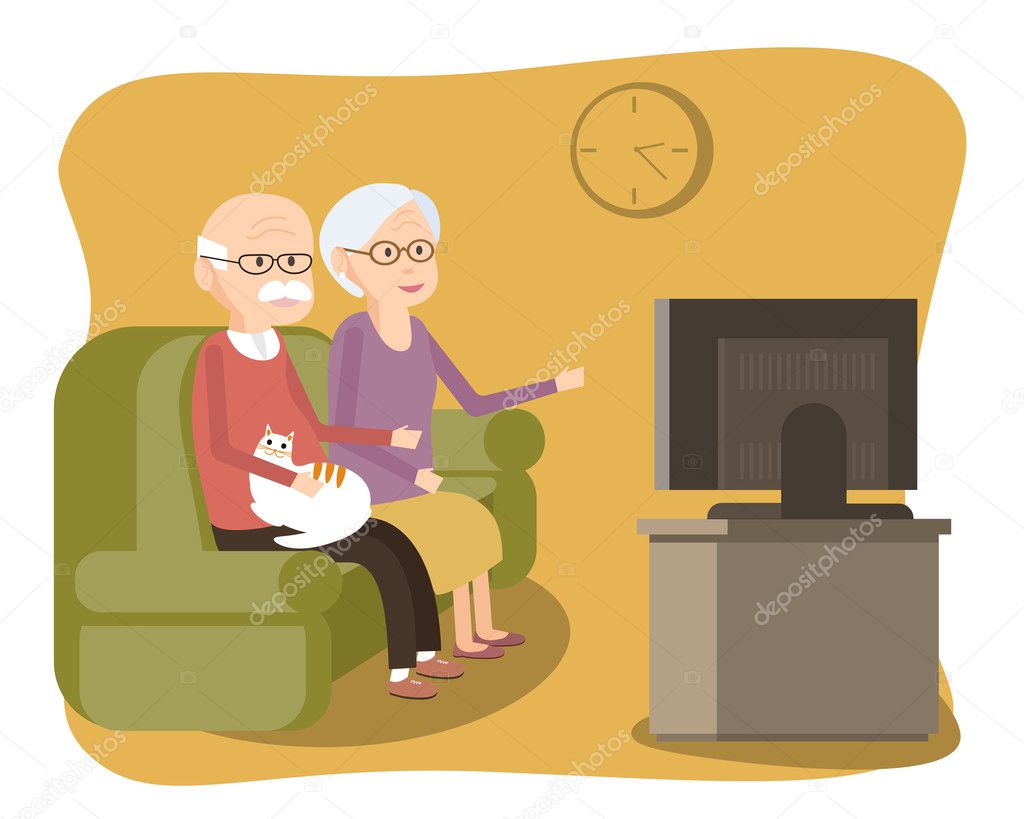 Elderly Couple Sitting on the Sofa and Watching TV