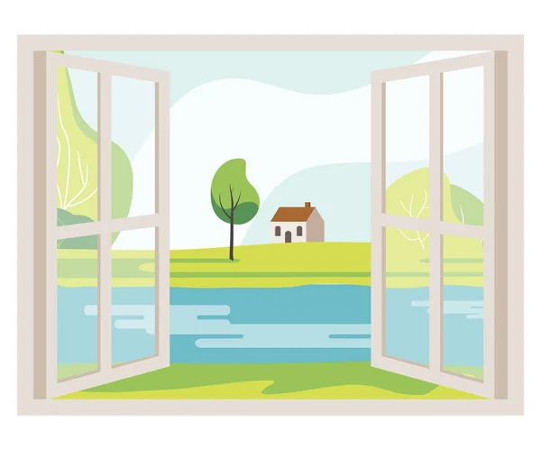 Ανοιχτό παράθυρο με θέα τοπίο — Διανυσματικό Αρχείο