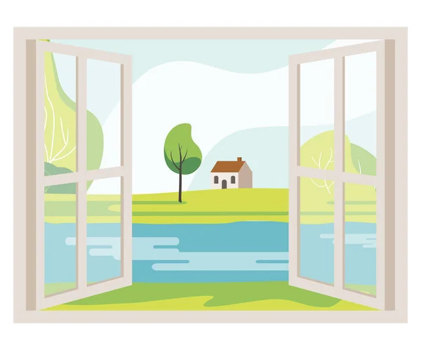 Ventana abierta con vista al paisaje — Vector de stock