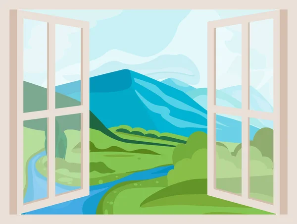 Berggipfel und Fluss. offenes Fenster mit Blick auf die Landschaft — Stockvektor