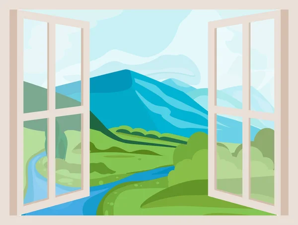 Mountain Peaks and River. Ventana abierta con vista al paisaje — Vector de stock