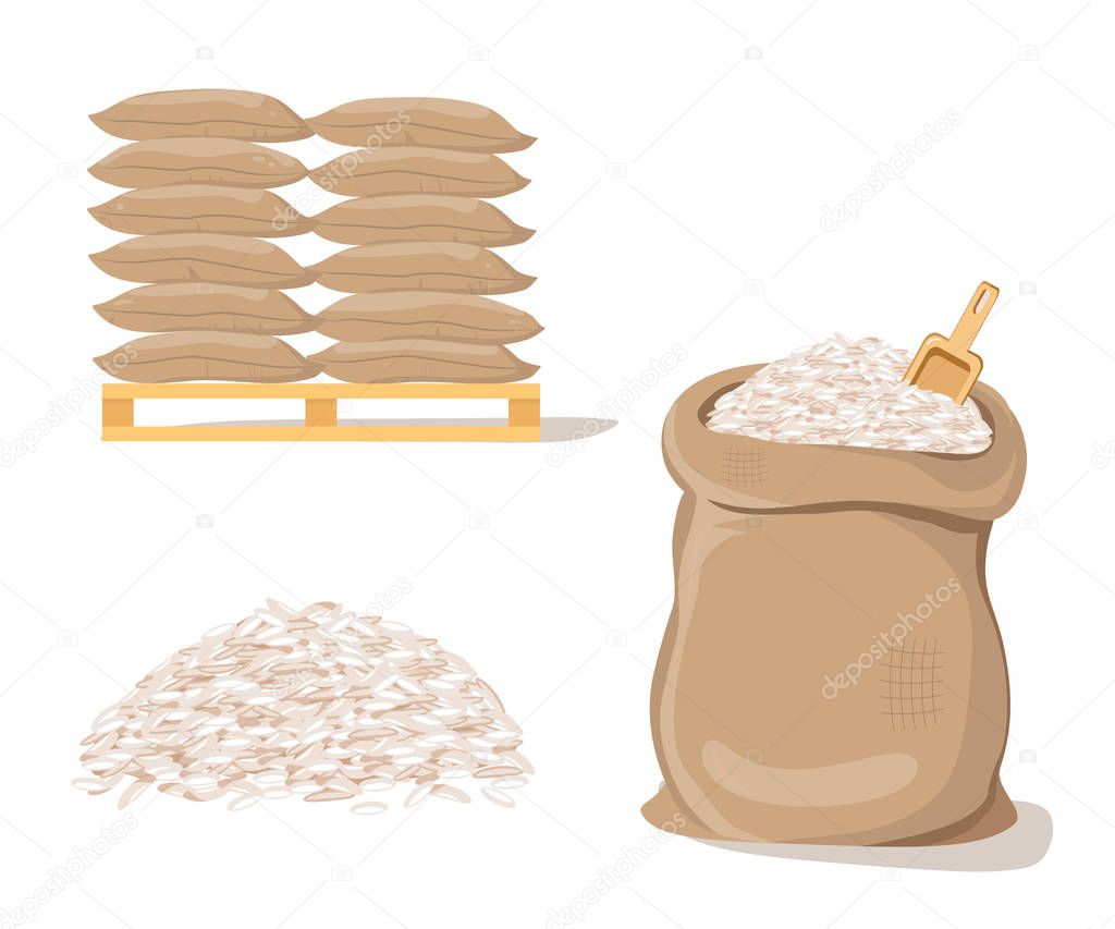 Bags on Pallet. Sack with Pile of  Rice
