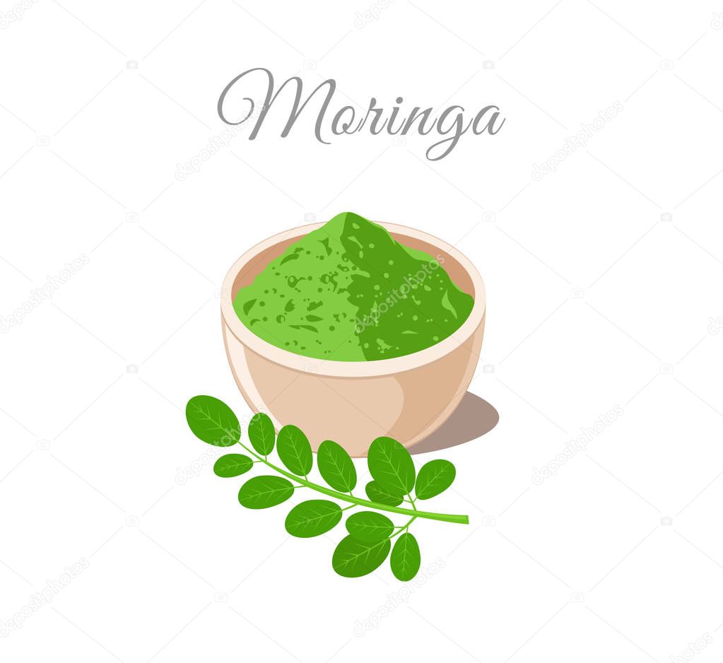 Moringa Powder in Bowl. Plant and Leaves 