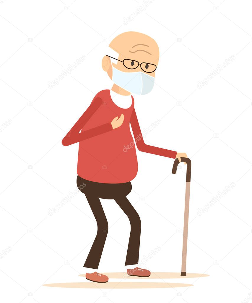 Old Man with Medical Mask and Cane